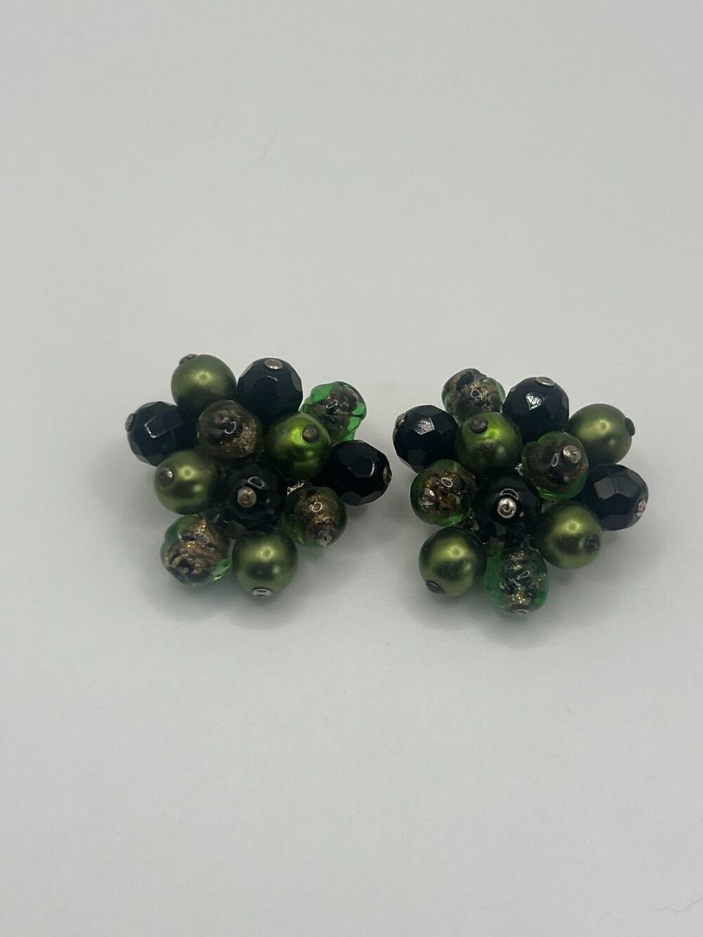 Vintage MCM Austria Green Black Art Glass & Bead Cluster Clip On Earrings